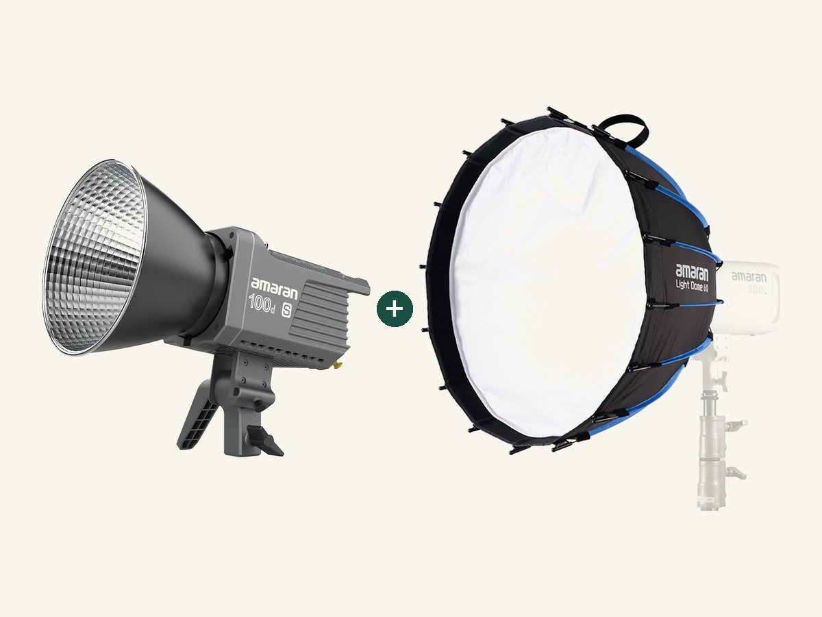 Amaran 100d S + Light Dome 60, shown with its softbox
