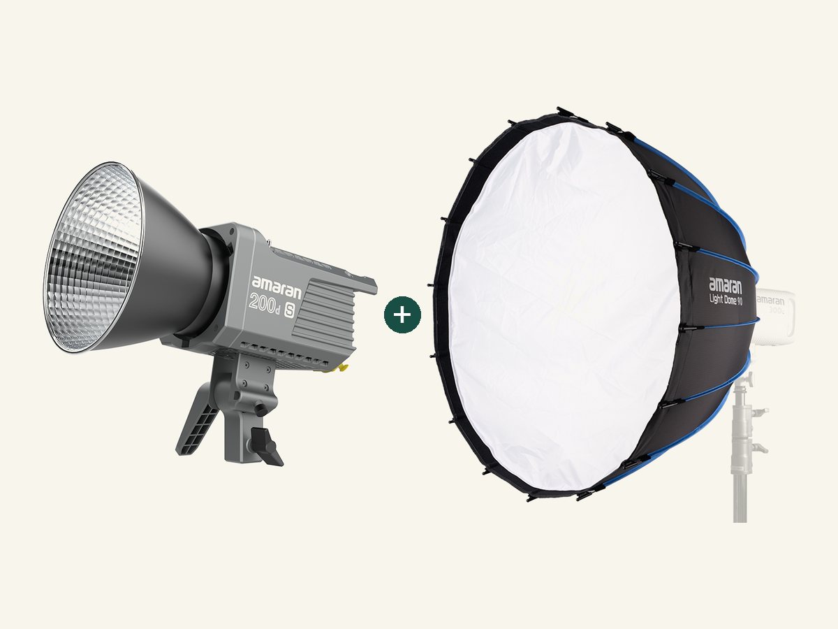 Amaran 200d S + Light Dome 90, shown with its softbox